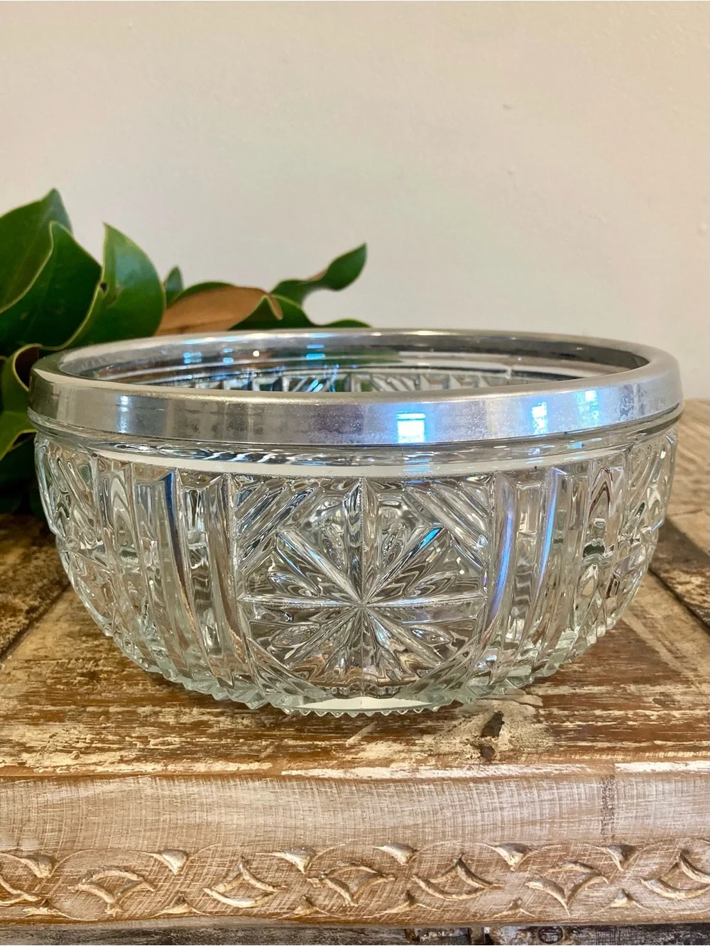 England Clear Starburst Design Glass Serving Bowl with Silver Tone Rim